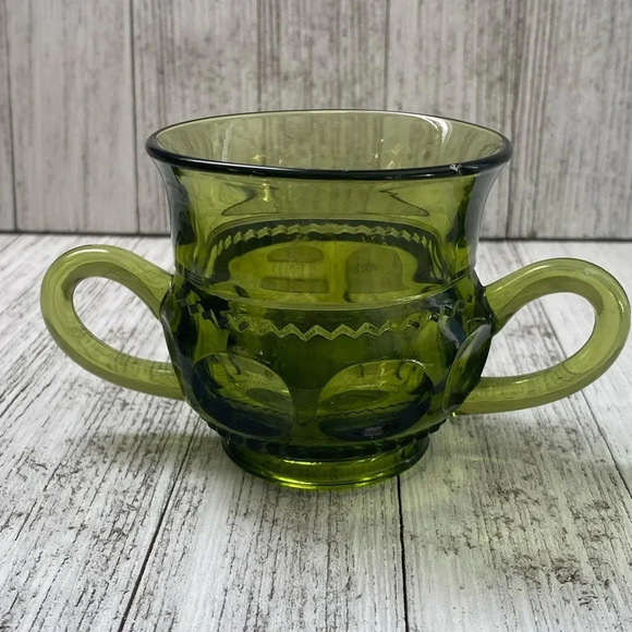 Avocado Green King Crown’s Thumb Print Pattern-Indiana Glass Creamer & Sugar Set - Picture 2 of 9